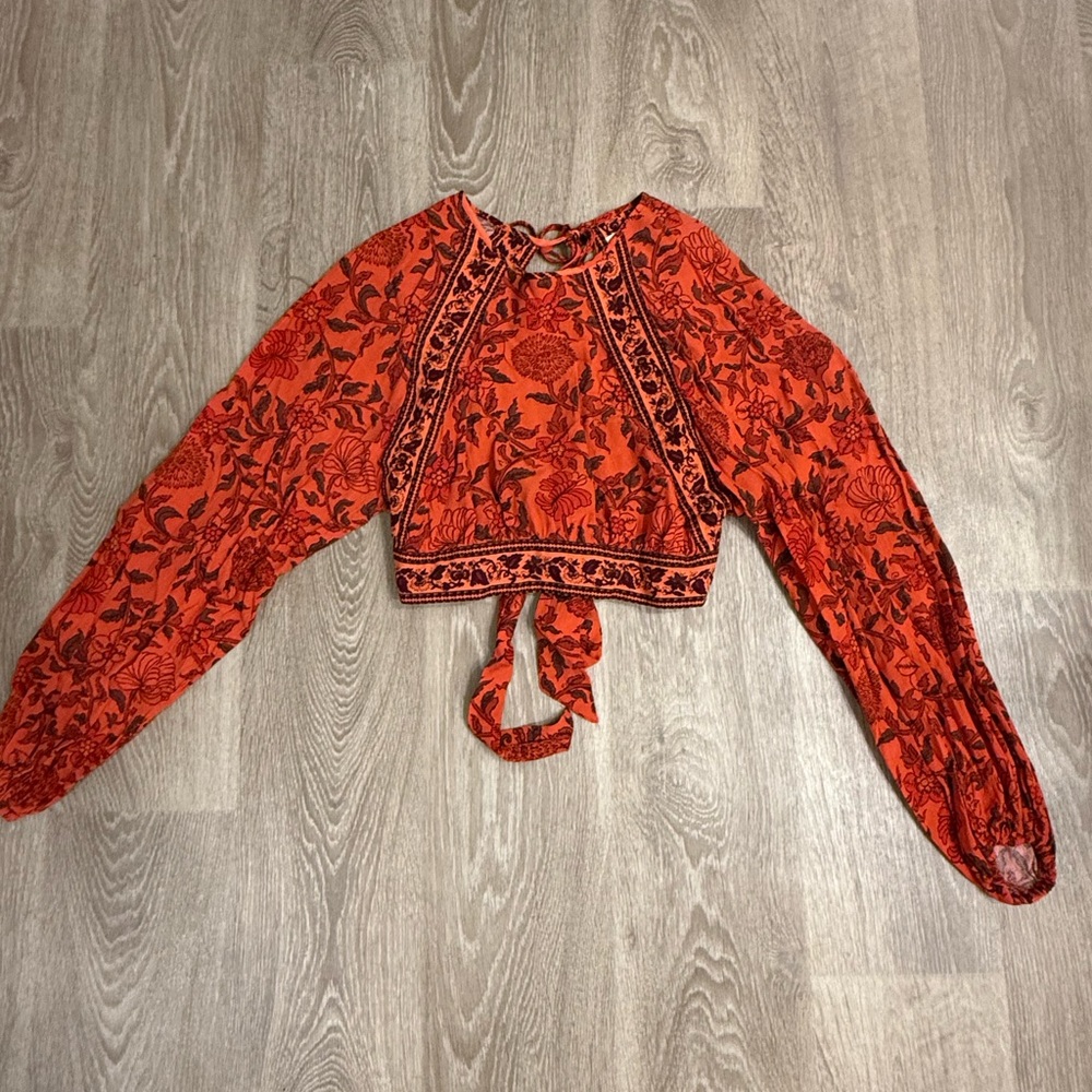 Urban Outfitters Red Floral Long Sleeve Crop Blouse